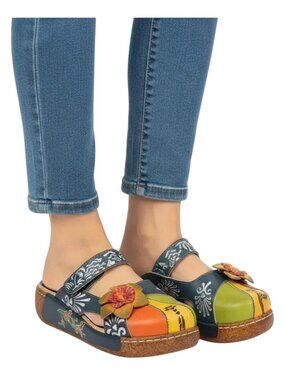 Women's Blue/Multi Flower Slip-On Leather Cut-Out Backless Platform Sandal Sz 41